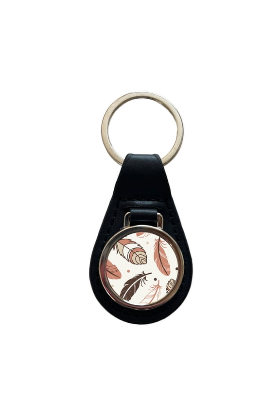 Boho Feathers Metal Black Leather Keychain