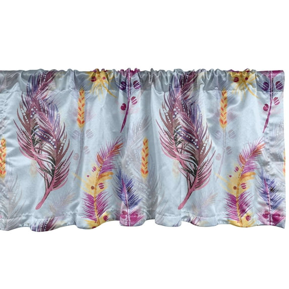 Boho Feathers Window Valance, Hippie Vibes Colorful Design Fuzz Pattern with Groovy Colors Print, Curtain Valance for Kitchen Bedroom with Rod Pocket, 54" X 18", Pale Blue Dried Rose, by Ambesonne