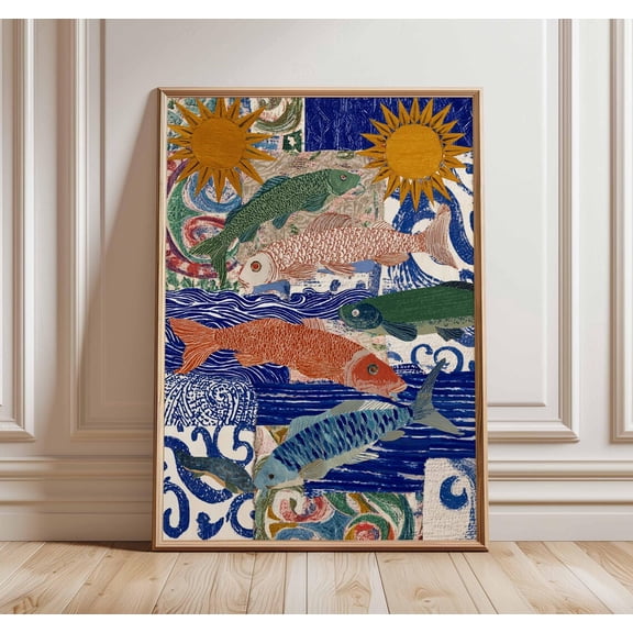 Boho Fish Collage Poster Colorful Ocean Wall Art Modern Coastal Art, Unframed Poster