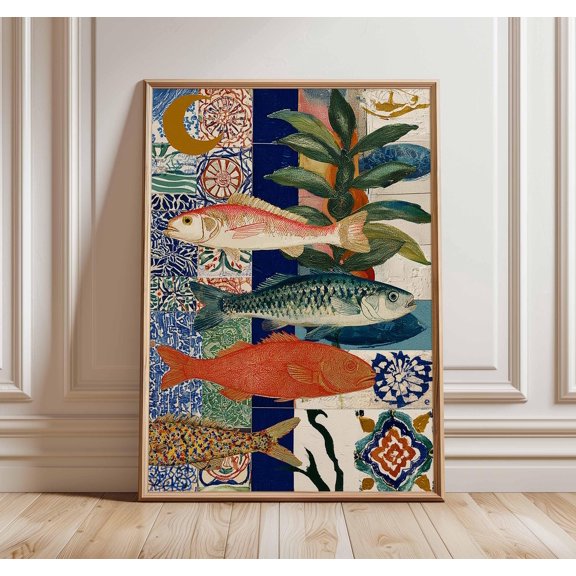 Boho Fish Collage Poster, Mediterranean Ocean Wall Art, Poster Only
