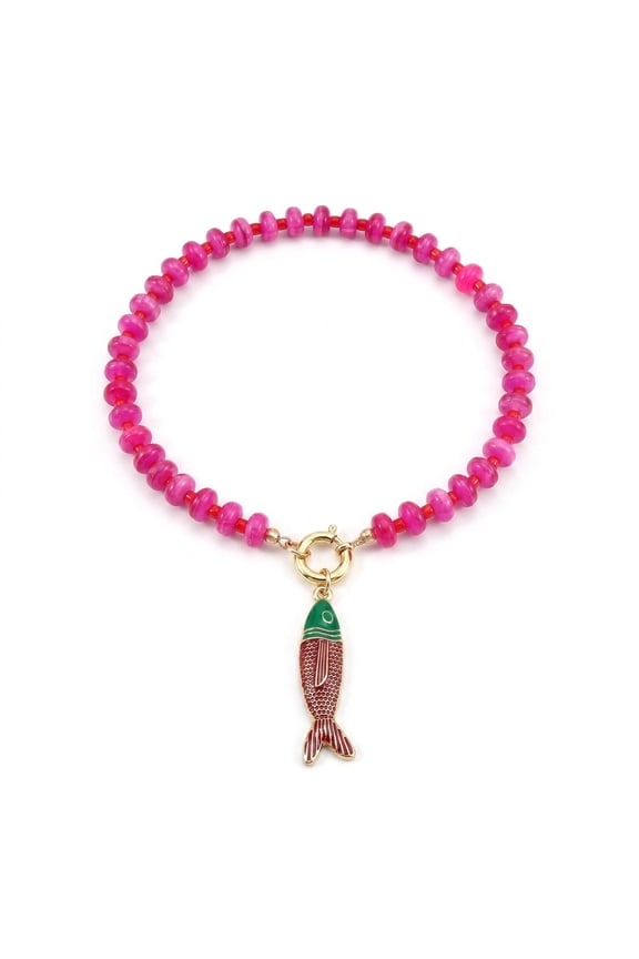 Boho Fish Pendant Necklace for Women, Chunky Acrylic Resin Beaded Strand Necklace with Toggle Clasp, Summer Beach Statement Charm Jewelry Gift