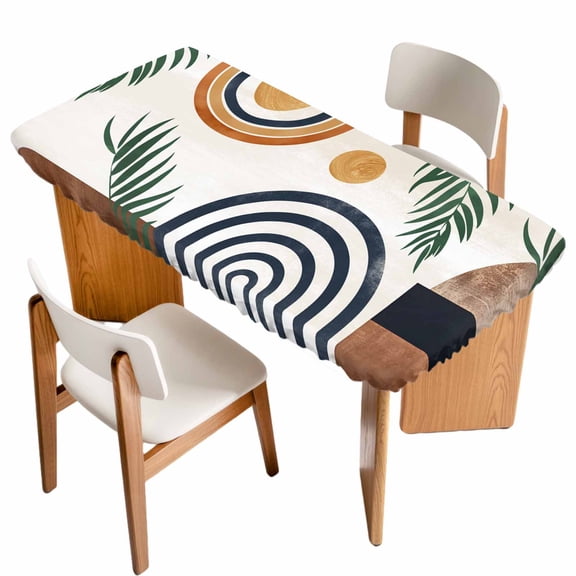 Boho Fitted Rectangle Tablecloth 32" x 72" Leaf Geometric Neutral Mid Century Elastic Table Cloth Fits for 6 Foot Folding Tables Waterproof Table Cover for Picnic Camping Outdoor