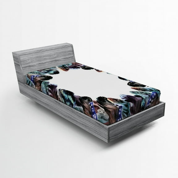 Ambesonne Boho Fitted Sheet, Bird Feathers Circle Art, Twin Size, Mauve Black Blue