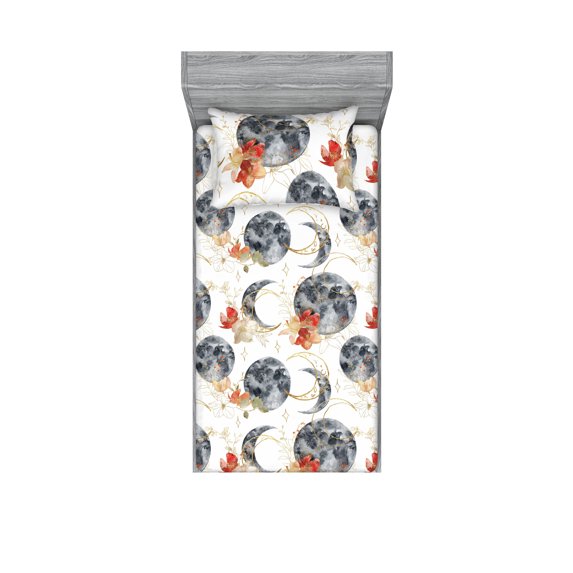 Boho Fitted Sheet & Pillow Sham Set, Bohemian Full and Crescent Moon Ornaments with Blooming Watercolor Flowers, Decorative Printed 2 Piece Bedding Decor, Twin, Dark Blue Grey Amber, by Ambesonne