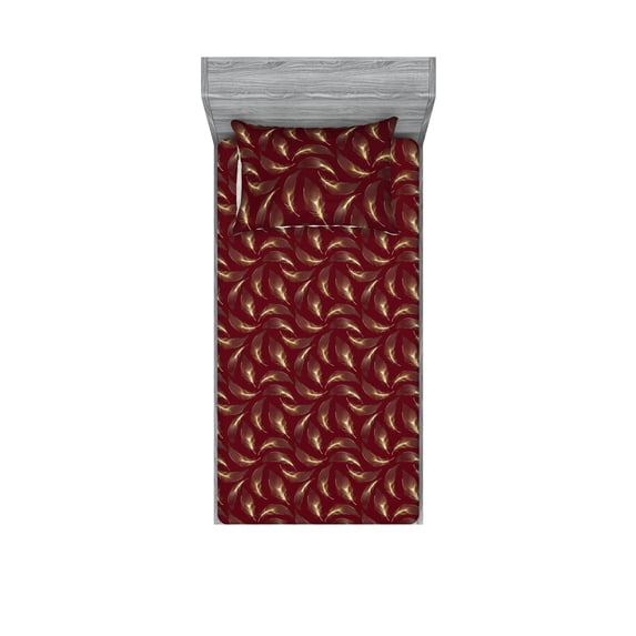 Boho Fitted Sheet & Pillow Sham Set, Floating Feather in Modern Style Repeating Bohemian Drawing Print Art, Decorative Printed 2 Piece Bedding Decor, Twin, Burgundy Mustard and Green, by Ambesonne