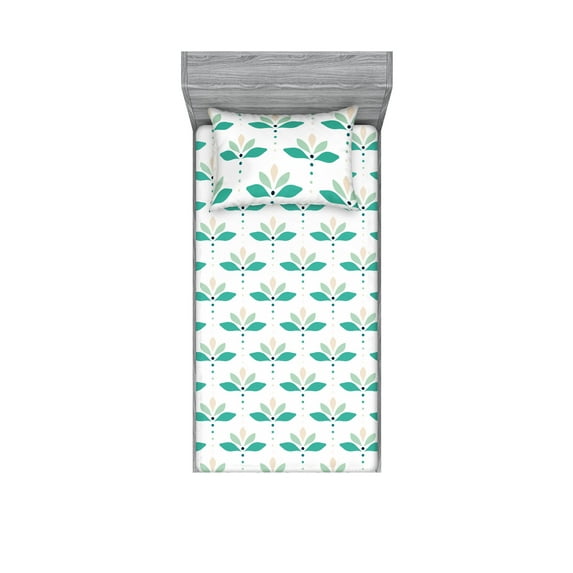 Boho Fitted Sheet & Pillow Sham Set, Minimal Theme Water Flowers Lotus Like Blooms with Dots on Plain Back, Decorative Printed 2 Piece Bedding Decor, Twin, Dark Seafoam Reseda Green, by Ambesonne