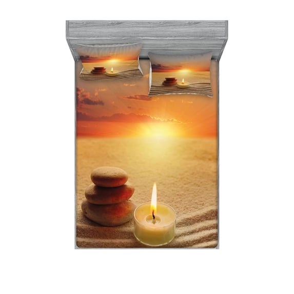 Boho Fitted Sheet & Pillow Sham Set, Stack of Stones and Candle Yoga Horizon Backdrop Picture, Decorative Printed 6 Piece Bedding Decor Set, King, Orange Sand Brown, by Ambesonne