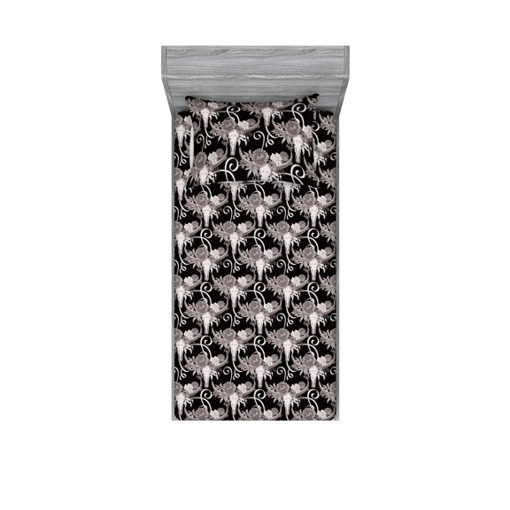Boho Fitted Sheet & Pillow Sham Set, Wild Animal Skull with Horns Bison Head with Flowers Bohemian Artwork, Decorative Printed 2 Piece Bedding Decor, Twinxl, Charcoal Grey Warm Taupe, by Ambesonne