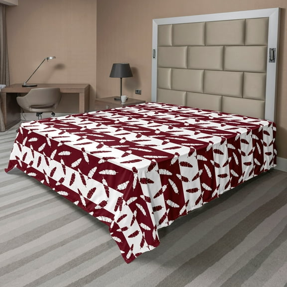 Ambesonne Boho Flat Bedding Sheet Soft Top Sheet, Horizontal Art Striped Pattern, Queen, Maroon and White