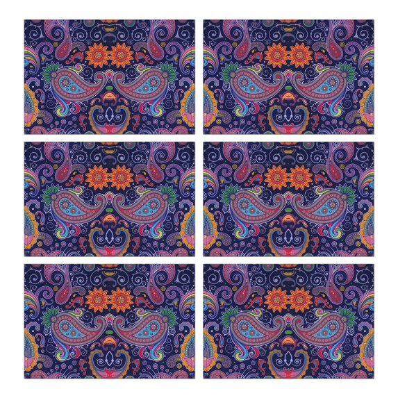 Boho Flax Placemats Set of 6, 12x18 Inch Tribal Pattern Table Mats, Washable Rustic Vintage Decor for Nordic Farmhouse Kitchen and Ethnic Style Dining Room Table Setting