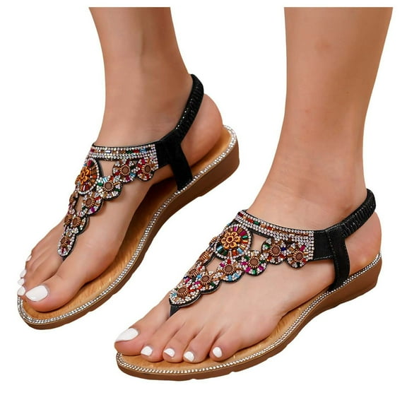 Boho Flip Flop Orthopedic Sandals for Women 2025 Rhinestone Ethnic Beach Summer Wedge Low Heels Dress Sandals