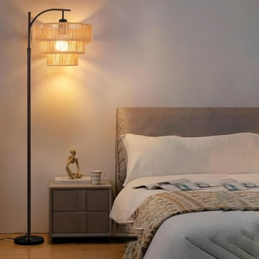 Floor Lamp for Living Room Bedroom with Remote,Arc Farmhouse Floor Lamps with 3 Color Temperature,Rustic Standing Lamp with 3-Tier Rattan Wicker Shades,Adjustable Tall Lamp for Office,Corner