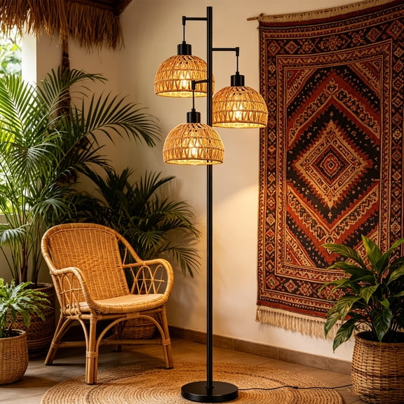 Boho Floor Lamp, Rattan Vertical Reading Lamp, 330 Adjustable Lamp Head, Living Room Atmosphere Light-70 Inch