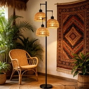 Boho Floor Lamp, Rattan Vertical Reading Lamp, 330  Adjustable Lamp Head, Living Room Atmosphere Light-70 Inch