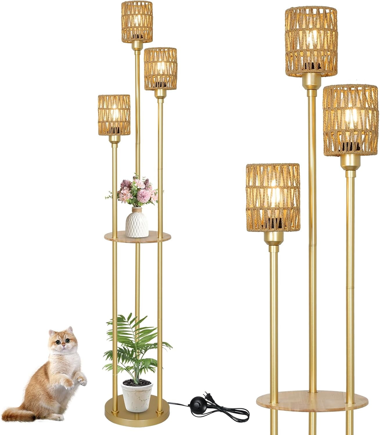 Boho Floor Lamp with Shelves, 3-Lights Farmhouse Tall Floor Lamp with ...