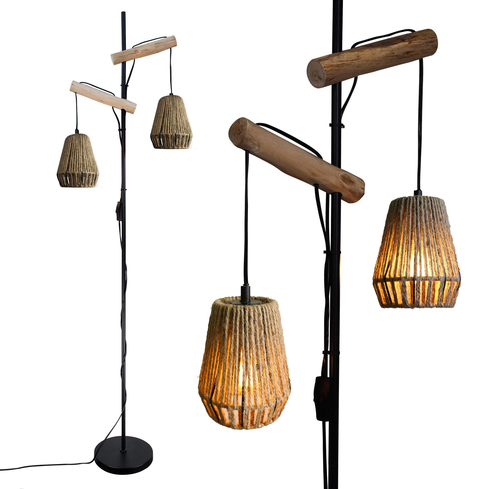 Boho Floor Lamps Unique Hanging Floor Lamp in Natural Cotton Rope, Rustic Stylish Bohemian Lampshades Floor Lamps for Bedroom Living Room Office Home Décor
