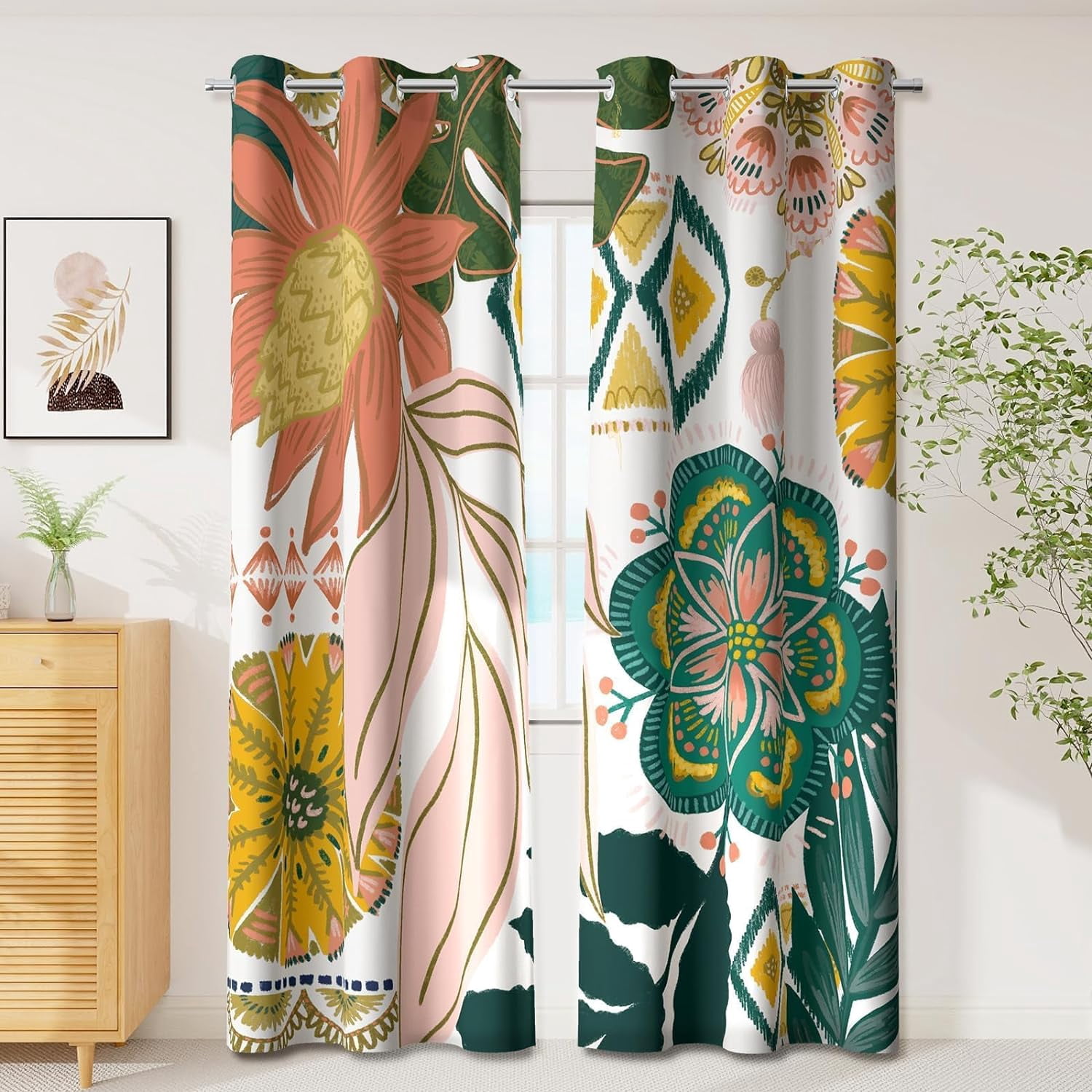 LIMON HOME Blackout Curtains Sage Green - Boho Floral Pattern, 100% Light Blocking For Bedroom