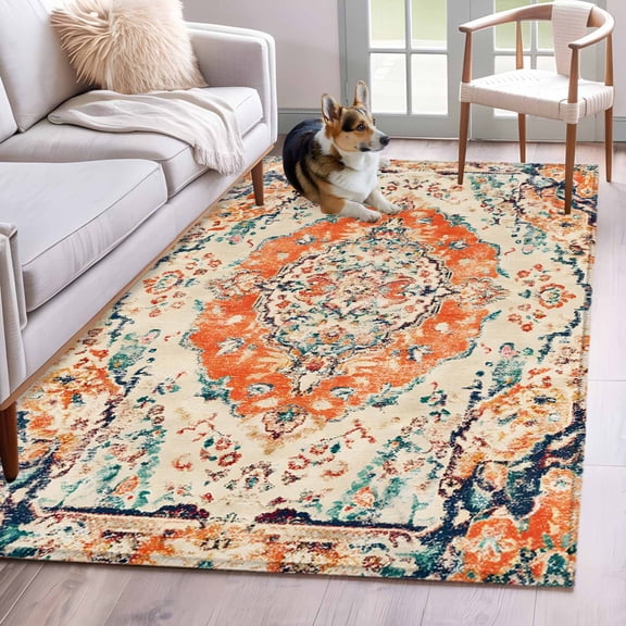 Boho Floral 2.7x5 Rug for Office Desk Chair Area Small Bedroom, Orange Theme Abstract Traditional Ethnic Flowers Washable Non Slip Rectangle Area Rug