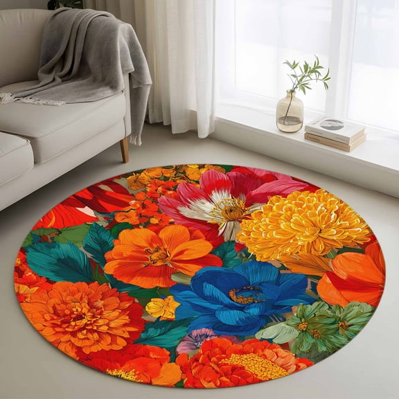 Boho Floral 3FT Round Area Rug Marigold Dahlia Orange Yellow Blue Botanical Soft Small Round Rugs Non-Slip, Ultra-Thin Washable Rug Low Pile Circle Carpet for Bedroom Kitchen Nursery
