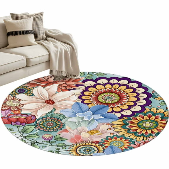 Boho Floral 3ft Area Rug, Bohemia Colorful Mandalas Botanical Flower Washable Non-Slip Small Round Rugs for Entryway Bedroom Kitchen, Soft Circle Carpet for Dining Room, Playroom Nursery Rug