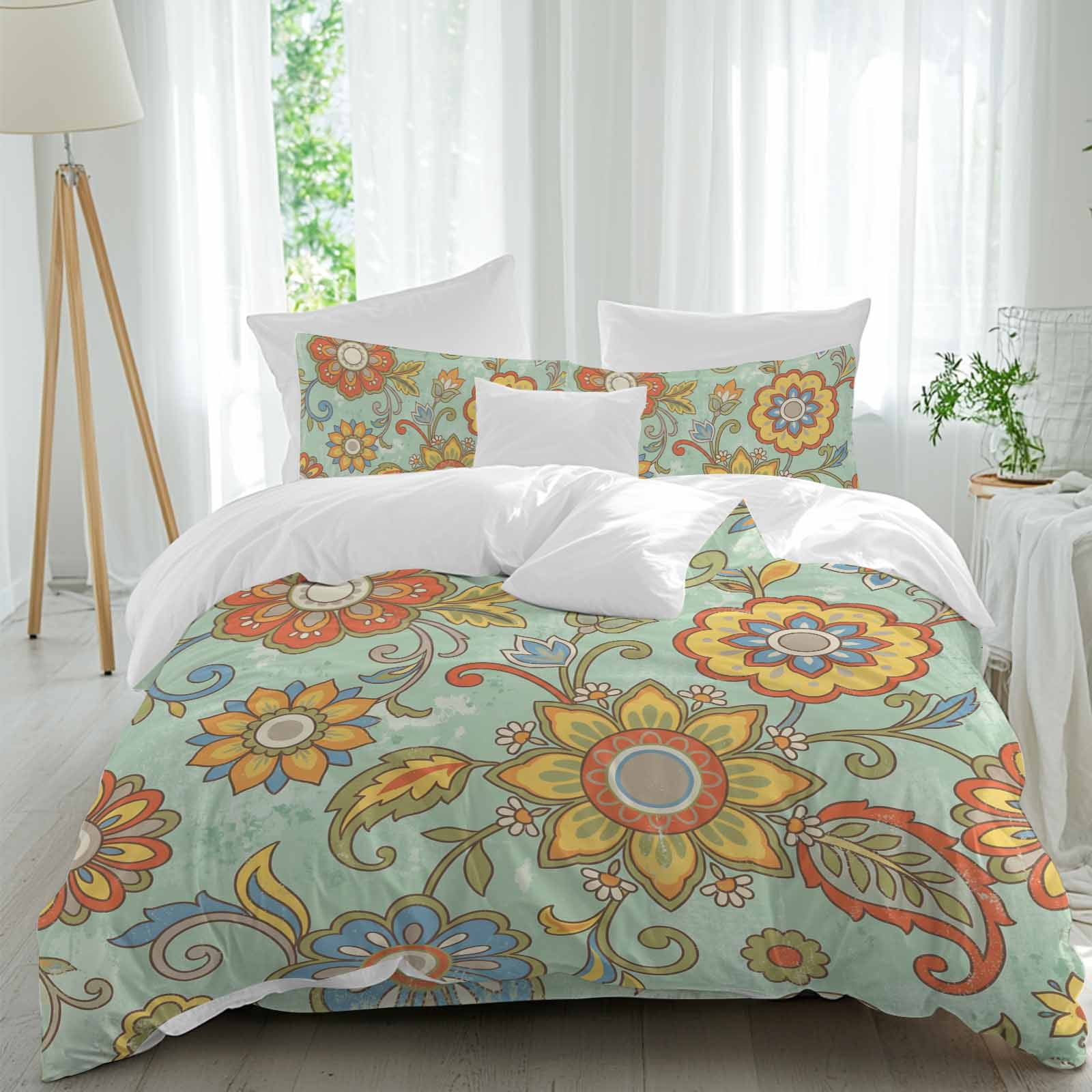 Boho Floral 4 Piece Duvet Cover Set Full Size Yellow Orange Flower Leaf ...