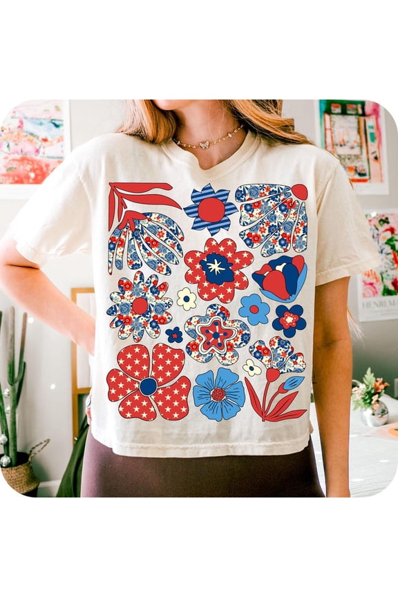 Boho Floral 4th of July T-Shirt, Preppy Patriotic Tee, Girly USA Shirt, Memorial Day Independence Shirt
