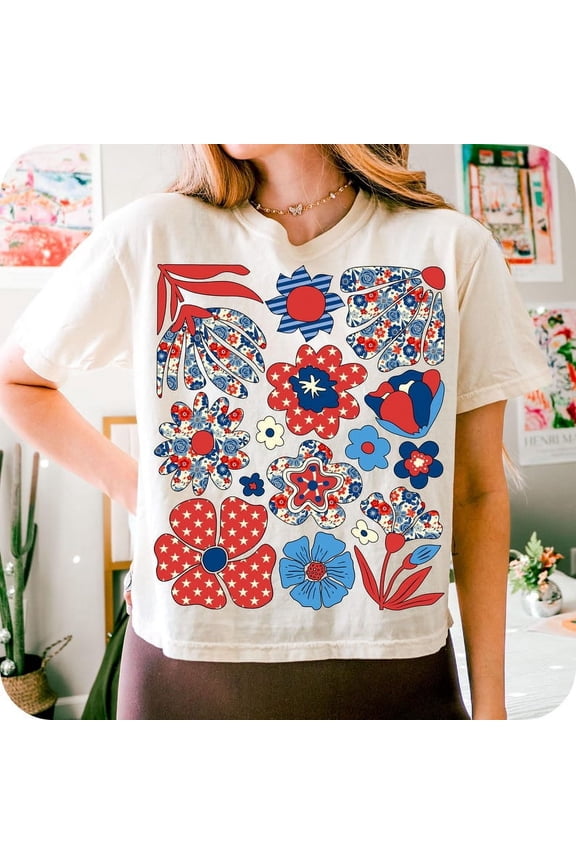 Boho Floral 4th of July T-Shirt, Preppy Patriotic Tee, Independence Day Graphic Shirt, Girly USA Memorial Day Shirt, America Floral Tee