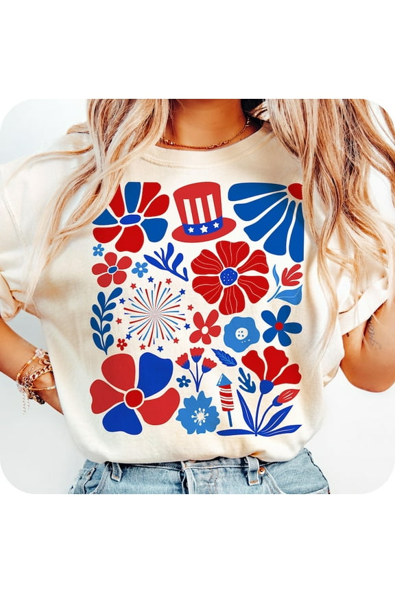 Boho Floral 4th of July T-Shirt – Vintage USA Patriotic Tee with Soft Feminine American Vibes