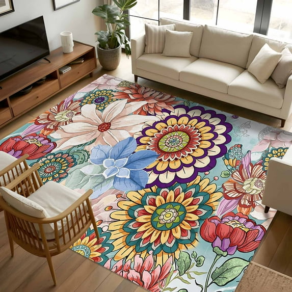 Boho Floral 5x7 Area Rugs, Spring Vintage Abstract Art Flowers Non-Skid Rubber Backing Large Rectangle Rugs - Living Room Bedroom Home Office, Indoor Floor Mat Carpets Washable Rug