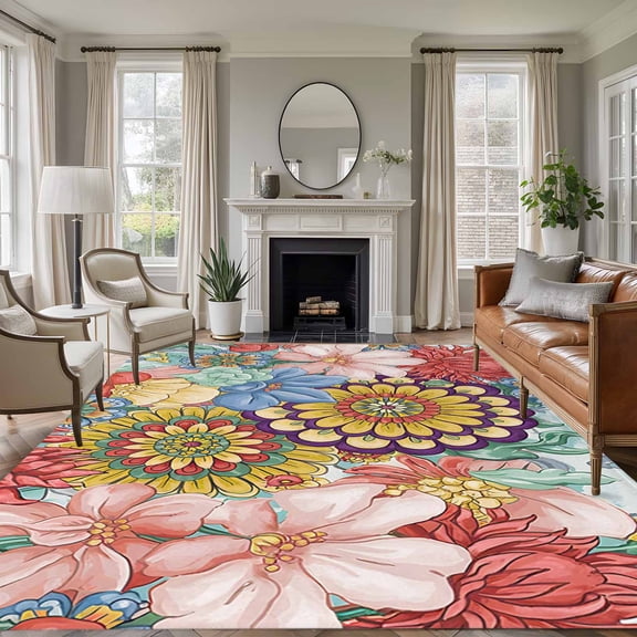 Boho Floral 6'x9' Area Rug for Living Room, Bohemia Country Colorful Mandalas Flower Non-Slip Floor Mat Rugs for Bedroom Dining Room, Indoor Large Carpet for Classroom, Nursery Rugs for Playroom