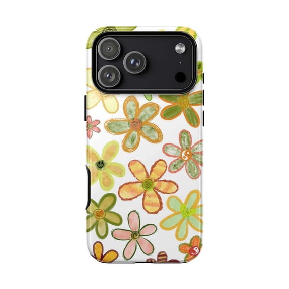 Boho Floral Aesthetic Phone Case, Hand Drawn Watercolor Daisy Art Cover, Orange & Green for iPhone 17 16 15 14 13 12 11 Pro Plus Mini