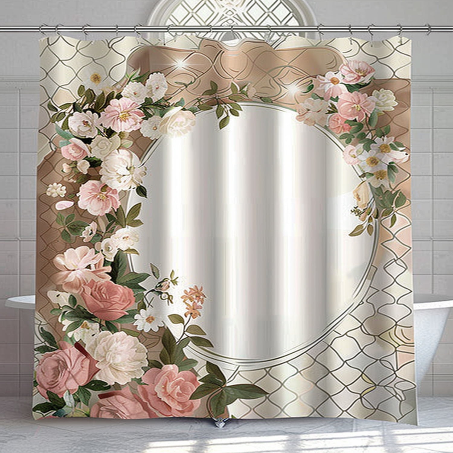 Boho Floral Arch Shower Curtain Vintage Design Beige White Checkered ...
