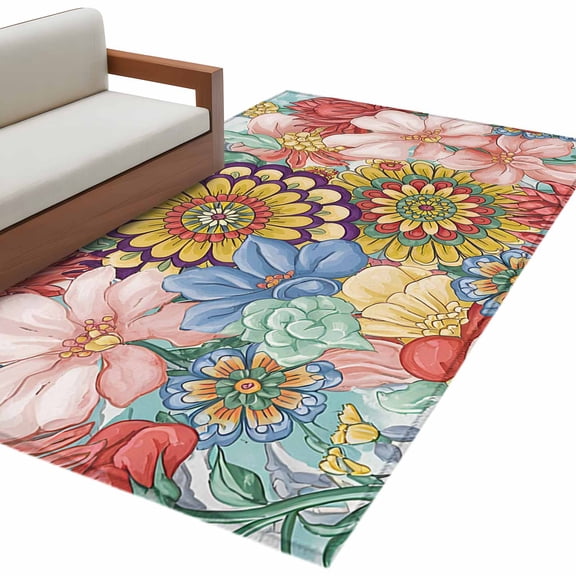 Boho Floral Area Rug 3x5 FT, Non Slip Entryway Bedside Carpet, Bohemia Country Colorful Mandalas Flower Washable Soft Floor Carpet Indoor Mat Non-Shedding Throw Rug for Dorm Kitchen Home Office