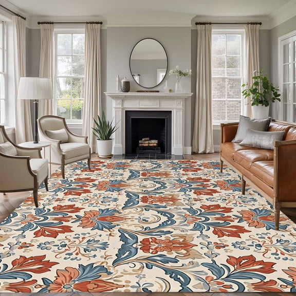 Boho Floral Area Rug 6x9 FT, Non Slip Living Room Throw Carpet, Farmhouse Vintage Red Blue Flower Plant Washable Soft Large Floor Carpet Non-Shedding Rug for Bedroom Dining Room Play Room