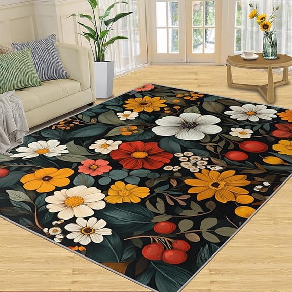 Boho Floral Area Rug, Retro Flower Bedroom Rugs, Modern Art Flower Rugs for Living Room, Indoor Non-Slip Rug, Machine Washable Carpet for Front Entrance Floor Decor 5 x 6ft