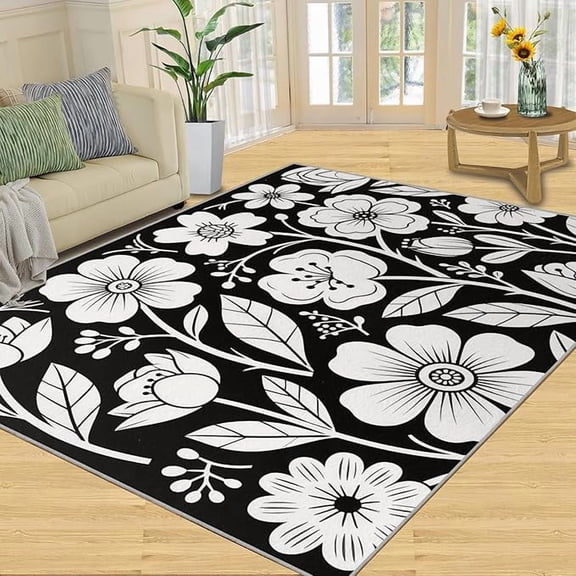 Boho Floral Area Rug, Retro Flower Bedroom Rugs, Modern Art Flower Rugs for Living Room, Indoor Non-Slip Rug, Machine Washable Carpet for Front Entrance Floor Decor 5 x 8ft