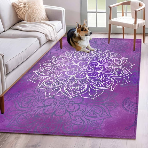 Boho Floral Area Rugs 4'x6', Washable Small Throw Rugs for Office Bathroom, Purple Flowers Vintage Bohemian Watercolor Indoor Outdoor Rug Non-Slip Low Pile Carpet Runner Reversible Floor Mats