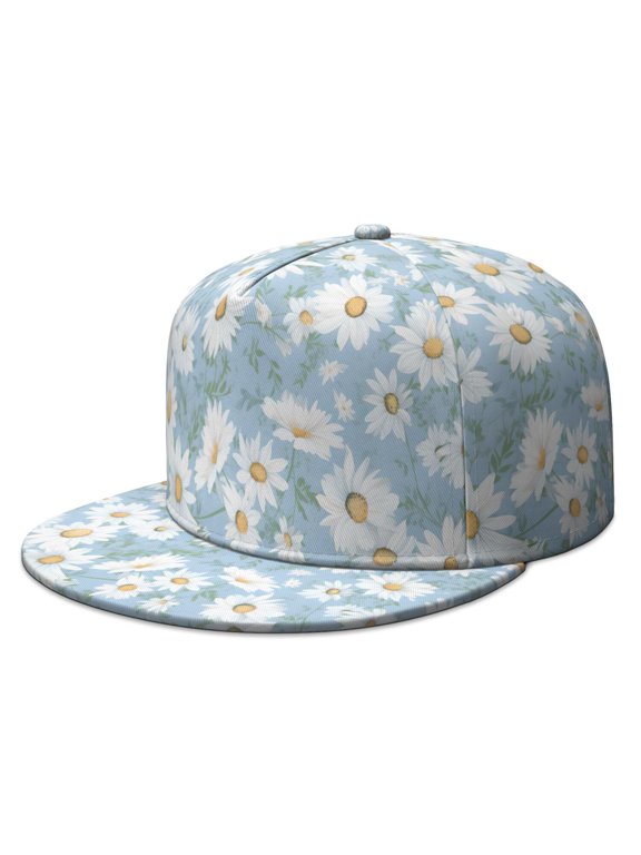 Boho Floral Baseball Cap – Daisy & Wildflower Flat Brim Hat, Adjustable for Streetwear