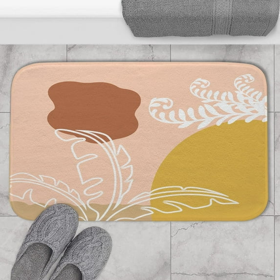 Boho Floral Bath Mat for Bathroom, Orange Beige White Palm Leaf Non Slip Bathroom Rug, Cute Large Washable Bath Rug Floor Door Mats for Indoor Shower Bathtub Decor, 19.5 x 31.5 Inch