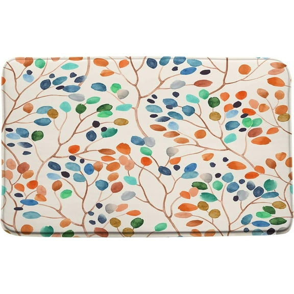 Boho Floral Bath Mat Flower Leaves Colorful Leaf Tree Branch Watercolor Plant Bohemian Nature Orange Blue Bathroom Kitchen Rugs,17.8x29.5 Inch