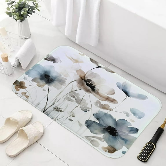 Boho Floral Bath Mat Rug for Bathroom, Cream Tan Beige Blue Grey White Watercolor Flower Bathroom Floor Rugs Mats Non Slip Kitchen Indoor Decor Decoration Accessories 17X29 Inches