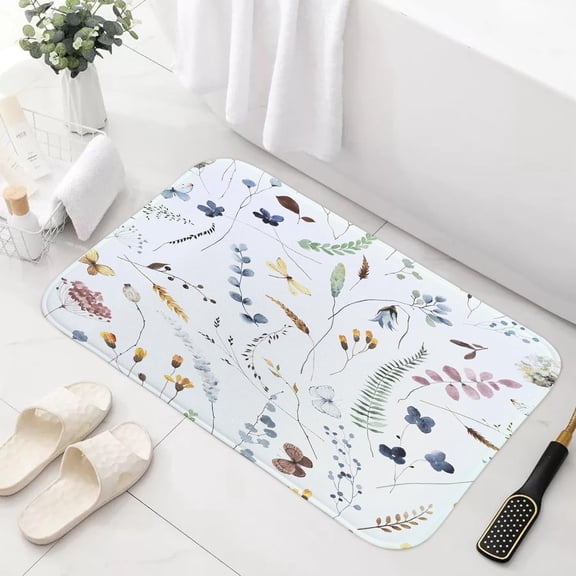 Boho Floral Bath Mat Rug for Bathroom, Cute Plant Flower Eucalyptus Leaves Butterfly Bathroom Floor Rugs Mats Non Slip Kitchen Indoor Botanical Nature Decor Decoration Accessories 17X29 in