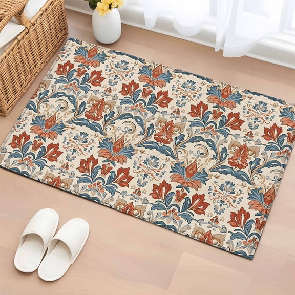 Boho Floral Bathroom Mats 2x3 FT, Non Slip Small Kitchen Mat, Farmhouse Vintage Red Blue Flower Plant Washable Soft Backed Front Door Throw Rugs Non-Shedding Indoor Outdoor Doormat for Entryway Sink