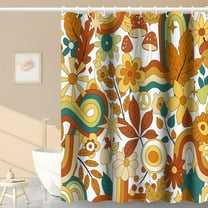 Boho Floral Bathroom Shower Curtain Vintage 70s Autumn Groovy Hippie with Hooks Polyester Waterproof Fabric Thanksgiving Harvest Decor Bathtub, 72x72 Inch Bright Orange