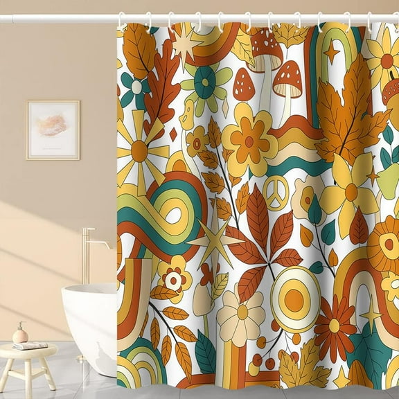 Boho Floral Bathroom Shower Curtain Vintage 70s Autumn Groovy Hippie with Hooks Polyester Waterproof Fabric Thanksgiving Harvest Decor Bathtub, 72x72 Inch Bright Orange