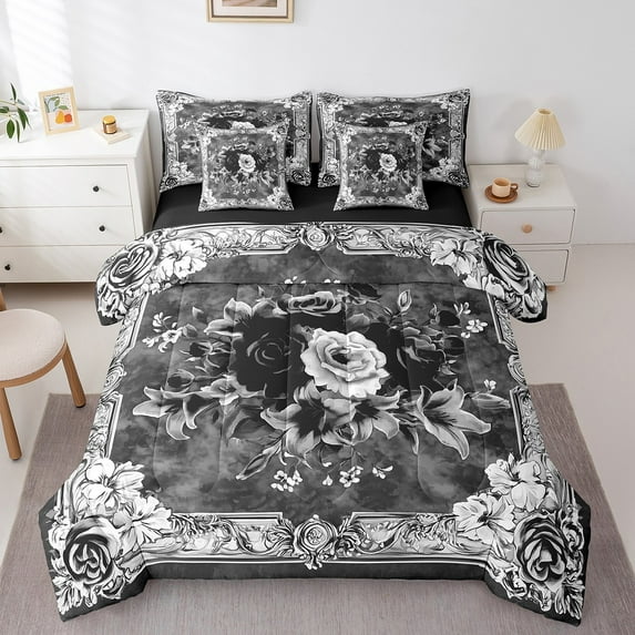 Boho Floral Bed in a Bag King Size Comforter Set 7 Pieces,Bohemian Comforter and Sheet Set,Garden Flowers Rose Bedding Set,Vintage Exotic Damask Bed Set Antique Victorian Gothic Room Decor