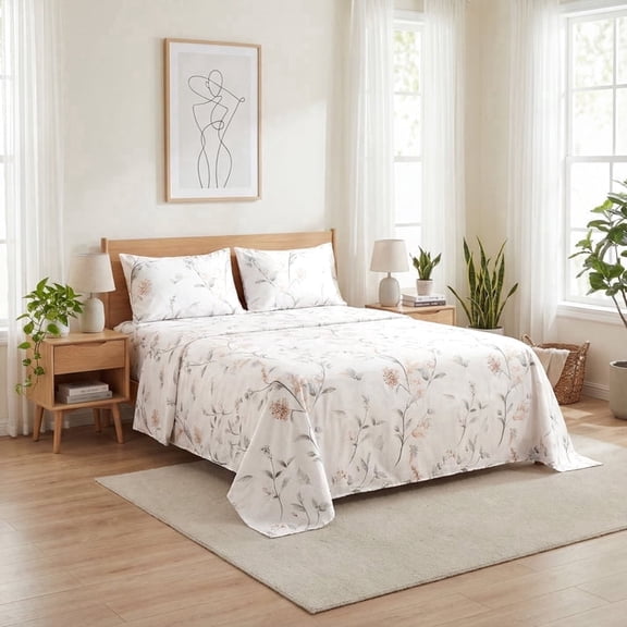 Boho Floral Bed Sheet Set Twin/Queen/King – Soft Lightweight Sheets with 15" Deep Pocket Fitted Sheet, All-Around Elastic