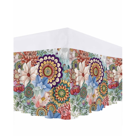 Boho Floral Bed Skirt Cal King Size, Bohemia Colorful Mandalas Botanical Flower Wrap Around Bed Skirting with Adjustable Elastic Strap, Dust Ruffled Pleated Bedskirts 18 Inch Drop for Bedroom Beds