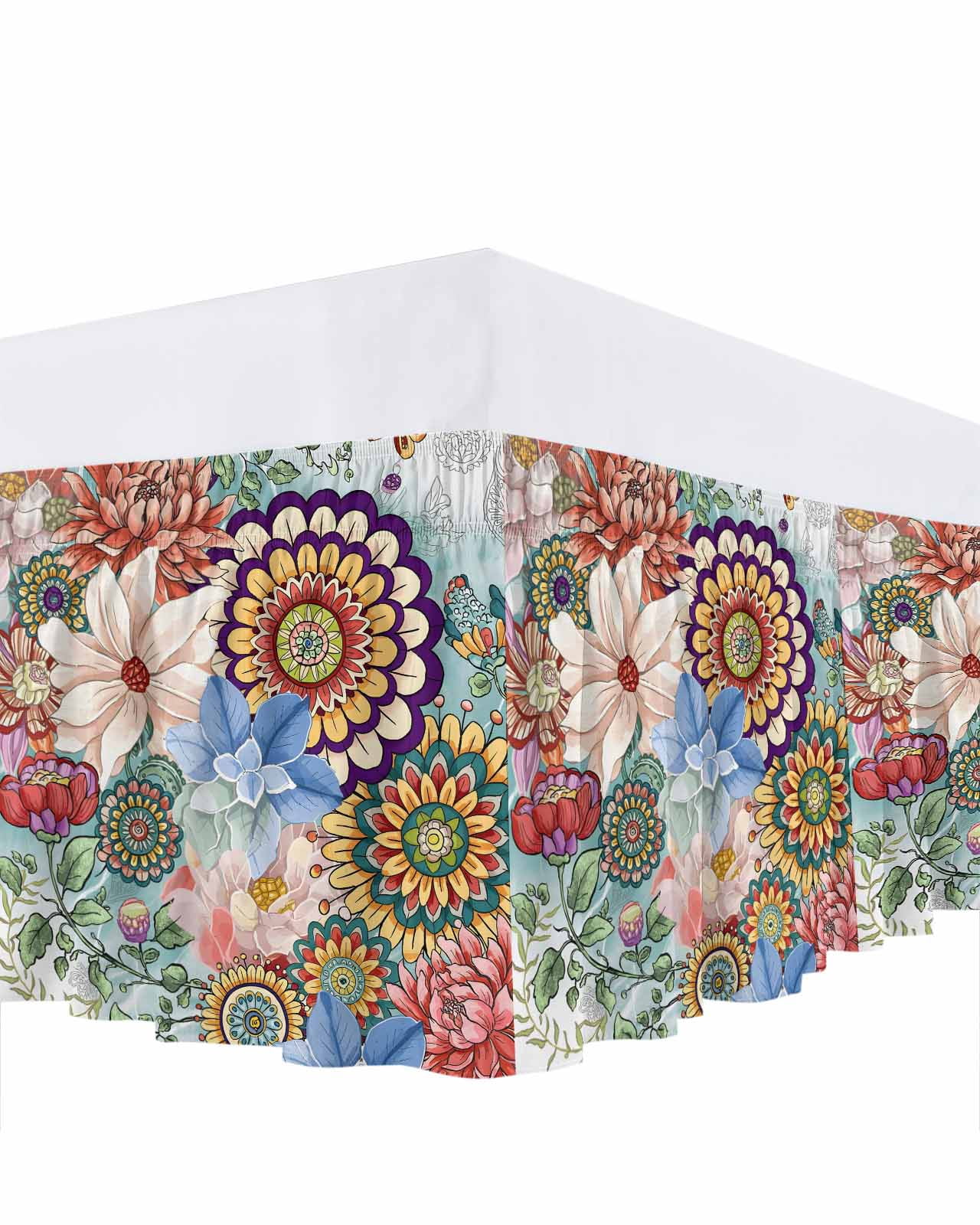 Boho Floral Bed Skirt Queen Size, Bohemia Colorful Mandalas Botanical Flower Wrap Around Bed Skirting with Adjustable Elastic Strap, Dust Ruffle Pleated Bedskirts 16 Inch Drop for Bedroom Queen Beds