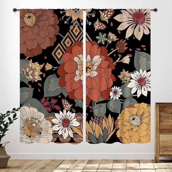 Boho Floral Bedroom Curtains, Rustic Tropical Leaves Bohemian Flower Colorful Plants Botanical Spring Living Room Window Curtain Drapes Treatment 53"W x 96"L (Pack of 2)